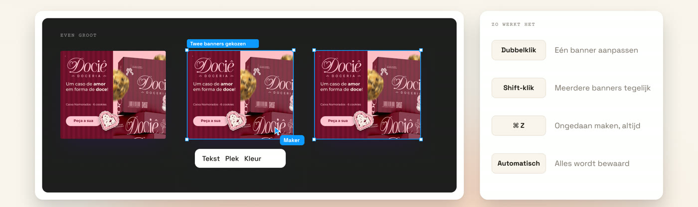 Drie banners op het canvas, twee ervan geselecteerd, met een klein menu voor tekst, plek en kleur.