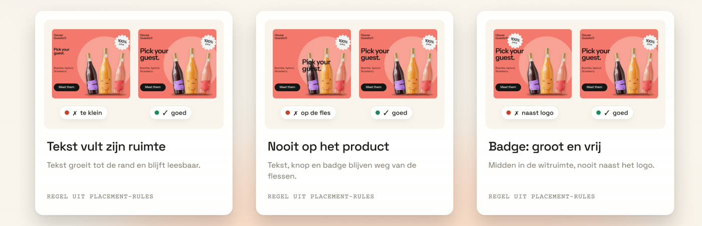 Drie regels uit de plaatsingsregels, elk met een goed en een fout voorbeeld naast elkaar.